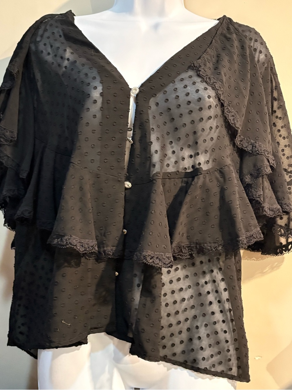 Zara Black Sheer Dot Ruffle Blouse with Decorative Buttons - Picture 2 of 8
